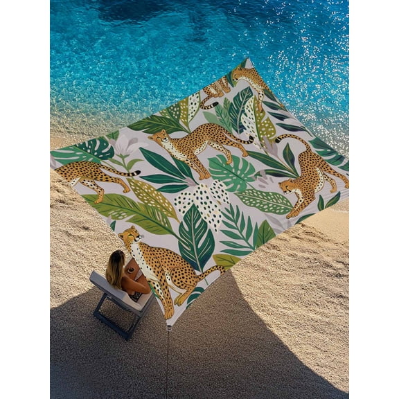 Leopard Tropical Plants Sun Shade Sail 6.5' x 10', Green Leaf Gray Background Animal Rectangle Outdoor Sunshade Canopy, Waterproof UV Block Patio Covers for Garden Yard Beach