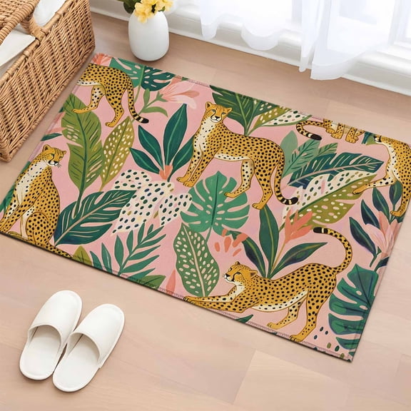 Leopard Tropical Plants Washable Small Entryway Area Rugs 2'x3', Green Leaf Pink Background Animal Low Pile Throw Rug Non-Slip Sturdy Edge Binding Carpet for Front Door Floor Room Entry