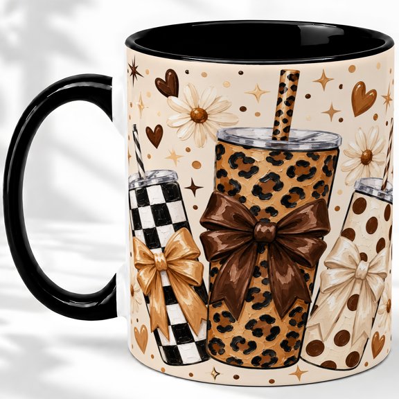 Leopard Tumbler Bow Accent Mug, 11oz Ceramic Coffee Cup for Coffee Fans