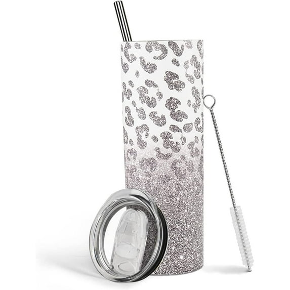 Leopard Tumbler With Lid and Straw Stainless Steel 20oz Leopard Print Skinny Tumbler Insulated Cheetah Print Cups Water Bottle Coffee Tumbler Travel Mug Gifts for Women