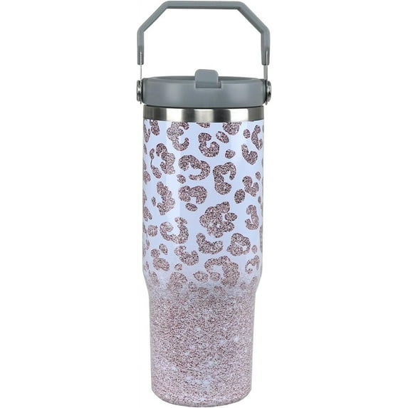 Leopard Tumbler with Handle 30 oz Cheetah Print Cup Insulated Tumblers with Flip Straw Stainless Steel Coffee Mug Perfect for Women