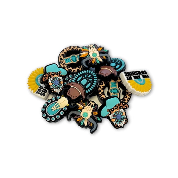Leopard Turquoise Western Cowboy Hat, Skull, and Sunshine Mom Mixed Bulk Silicone Focal Beads 12pk Bull Conchos Feathers for Beadable Pens Keychain Making Freshie