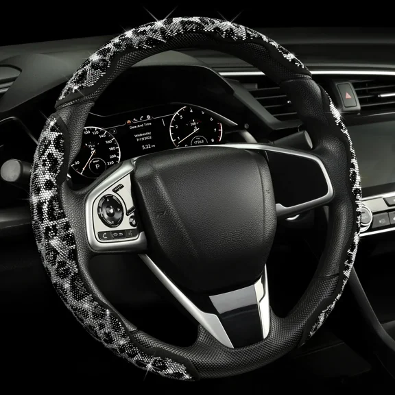 Leopard Universal Steering Wheel Cover with Crystal Rhinestones Diamond Bling Car Cheetah Decor Gift for Girls Women Pink Red Black Leopard Car Accessories for Truck SUV