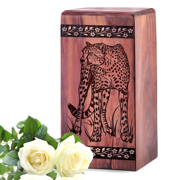 Leopard Urns for Human Ashes Man, Cremation Memorial Urns For Ashes Dad, Wooden Funeral Urn Box Keepsake For Family - 11.25inch, Large Size - 1Pcs Pack