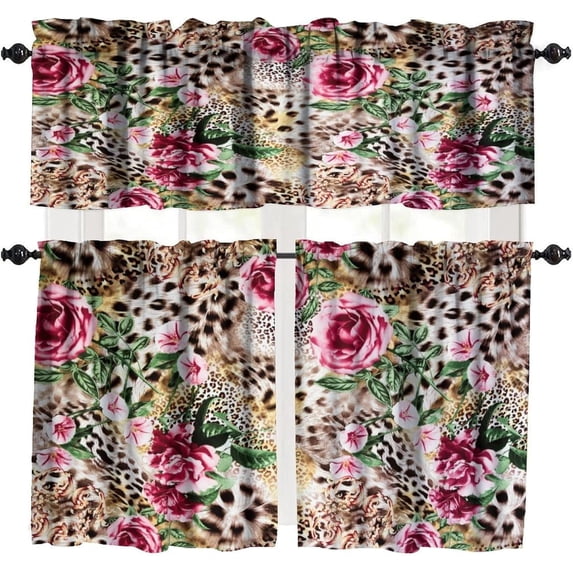 Leopard Valance Curtain Animal Skin Africa Wildlife Cheetah Flower Rose Print Rod Pocket Valance Window Treatments Short Curtains for Kitchen Living Room Decor 54x18 Inch + 27x24 Inch X 2