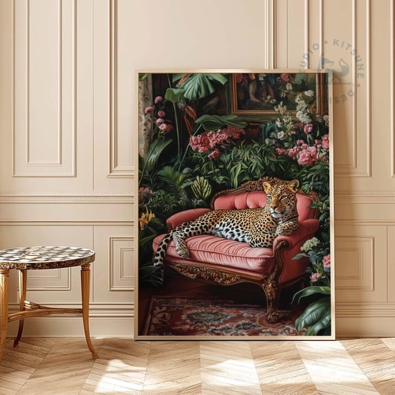 Leopard Velvet Sofa Maximalist Animal Wall Art, Unframed Canvas Size 12x18