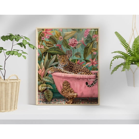 Leopard in a Vintage Bathtub Print – Maximalist Bathroom Wall Art – Bold Animal Print – Botanical Bathroom Decor – Leopard Jungle Poster 8x12 UNFRAMED