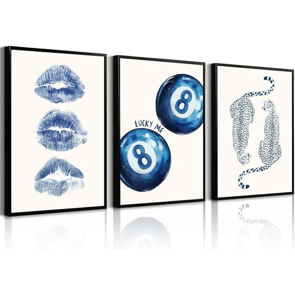 Leopard Wall Art Cheetah Canvas Prints Trendy 8 Ball Wall Decor Preppy Aesthetic Poster Lucky Leopard Pictures Funky Painting Navy Kiss Artwork for Bedroom Living Room 16x24 Inch Unframed Set of 3