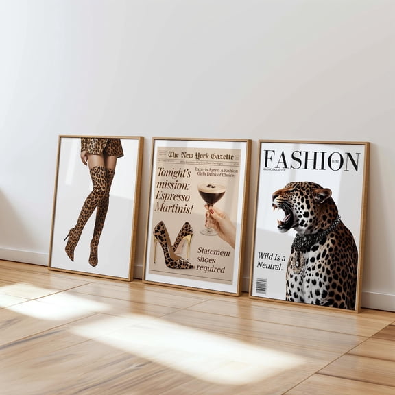 Leopard Wall Art Trendy Y2K Fashion Poster Leopard Print Newspaper Art Set 3 Stretched Canvas 8x12