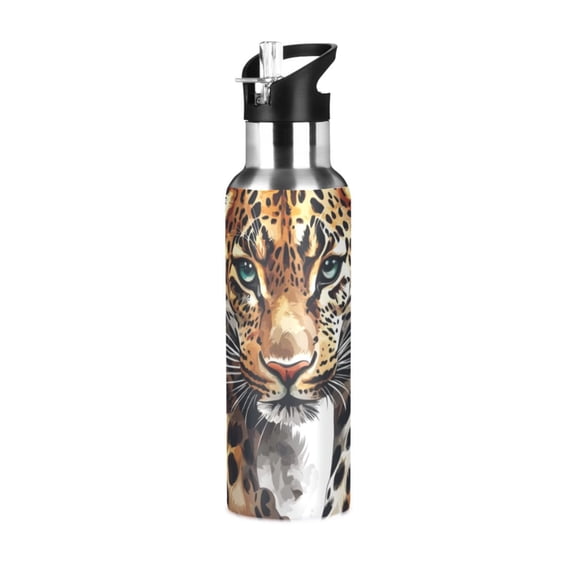 Leopard Watercolor Sports Bottle with Straw Stainless Steel Water Jug Portable Thermal Cup Leak-proof 1000ML