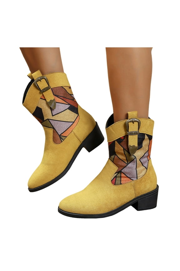 Leopard Wide Mid Calf Cowboy Boots for Women 2025 Fashion Suede Patchwork Pointed Toe Chunky Heel Winter Fall Cowgirl Booties Yellow Size 8.5