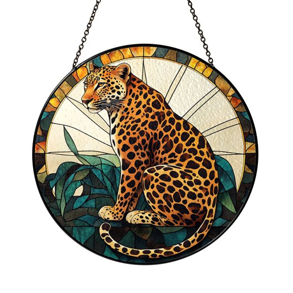 Leopard Wildlife Scene Suncatcher Window Hanging, Vibrant Stained Glass Style Jungle Decor, Gift Choice