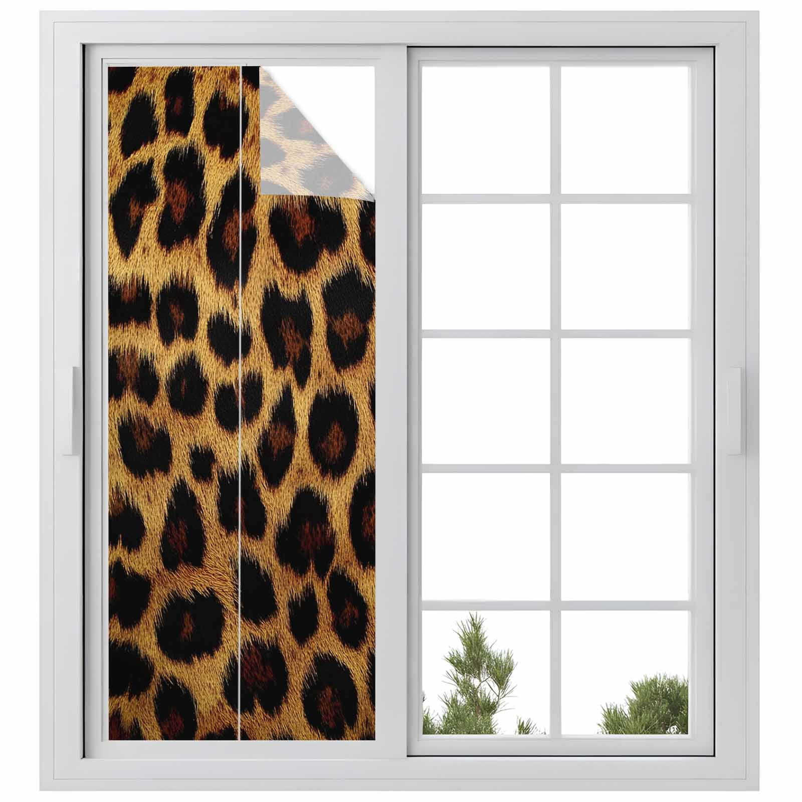 Leopard Window Privacy Film, Brown Vintage Leopard Print Static Cling UV Sun Blocking Heat Control Window Tint Day and Night, Non-Adhesive Reusable One Way Windows Privacy Cover 23.6''x59''