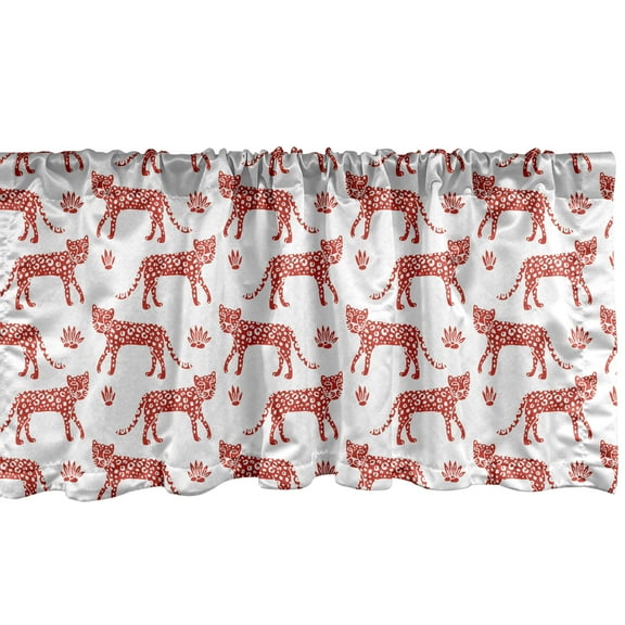 Leopard Window Valance Pack of 2, Warm Colored Animal Drawings with Spots on Skin Print Cat Family Pattern, Rod Pocket Curtain Valances Kitchen Bedroom, 54" X 12", Vermillion and White, by Ambesonne