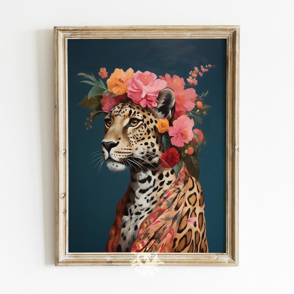 Leopard With Flowers Maximalist Eclectic Gallery Decor Wall Art