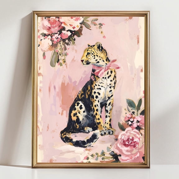Leopard With Pink Bow Wall Art Feminine Safari Animal Print Chic Floral Cheetah Decor Blush Pink Nursery Artwork