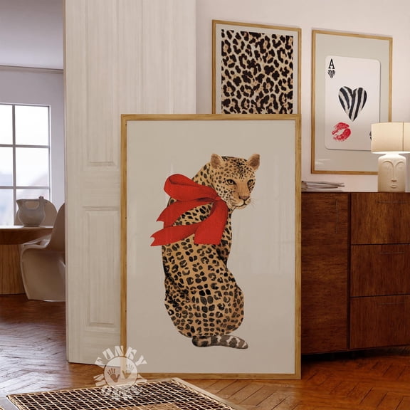 Leopard With Red Bow Print Coquette Animal Print Trendy Wall Art Funky Y2K Dopamine Aesthetic Print Preppy Dorm Room Decor , Poster Print Only