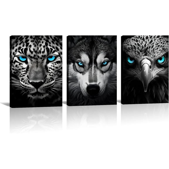 Leopard Wolf Eagle Canvas Wall Hieng Black and White Picture Blue Eye Animal Painting Wildlife Prints for Living Room Bedroom Wall Decor Framed