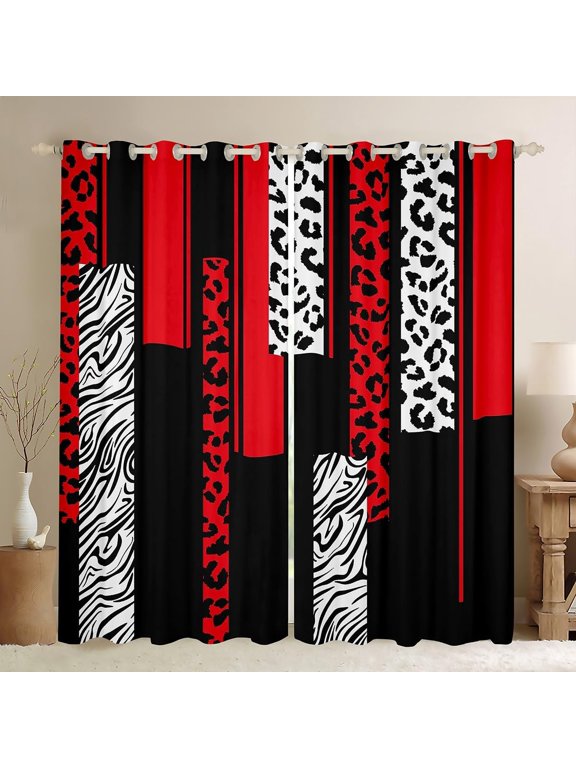 Leopard Zebra Curtains for Bedroom Living Room (2 Panels, 38 x 45 Inch) Kids Cheetah Red White Black Blackout Curtains Animal Print Darkening Dreapes Safari Window Treatments Geometric