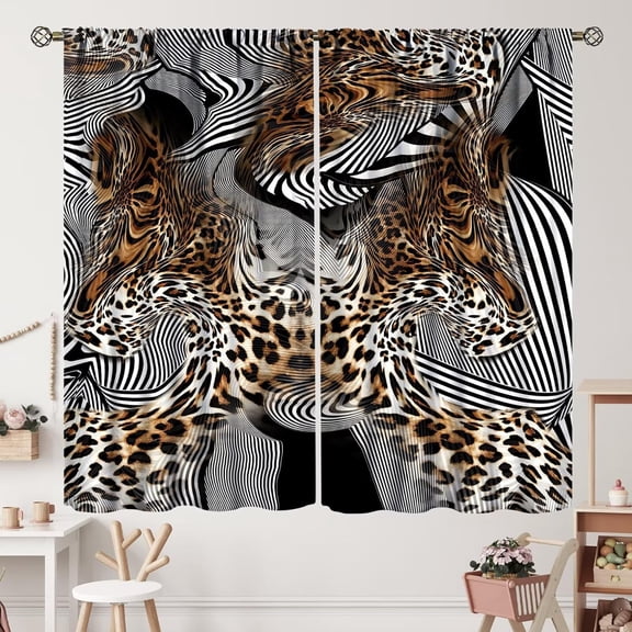 Leopard Zebra Curtains Brown Black Wild Animal Cheetah Zebra Skin Print Stripes Abstract Curtain with Rod Pocket for Room Home Decor Drapes Window Treatments 2 Panels Set 55x63in