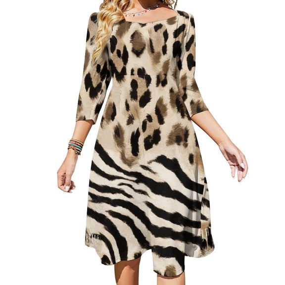 Leopard Zebra Mixed Print Fabric Women's 3/4 Sleeve Dresses Elegant A-Line Midi Dress Flare Summer Casual Sundress