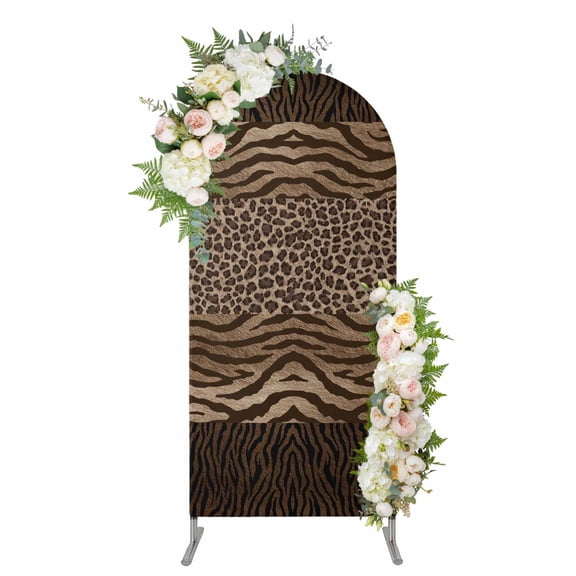 Leopard Zebra Print Arch Backdrop Cover 4FT, Vintage Animal Skin Striped Brown Spandex Fitted Stretchy Arch Stand Covers, Round Top Chiara Backdrop Cover for Wedding Party Birthday Baby Shower