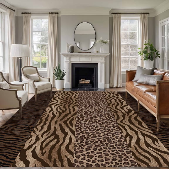 Leopard Zebra Print Area Rugs 6'x9', Washable Small Throw Rugs for Kitchen Dining room, Vintage Animal Skin Striped Brown Indoor Outdoor Rug Non-Slip Low Pile Carpet Runner Reversible Floor Mats