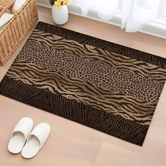 Leopard Zebra Print Entryway Rug 2'x3' Non Slip Front Door Mats, Vintage Animal Skin Striped Brown Entrance Rugs Indoor Outdoor Carpet, Washable Floor Mats Small Area Rug for Bedroom Kitchen