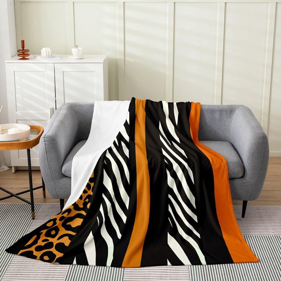 Leopard Zebra Print Flannel Fleece Throw Blanket Zebra Leopard Stripes Block Pattern Throw Orange Black Fleece Throw Blanket for Kids Women Men for Bed Couch Chair Room Bedroom Decor 30" x 40"