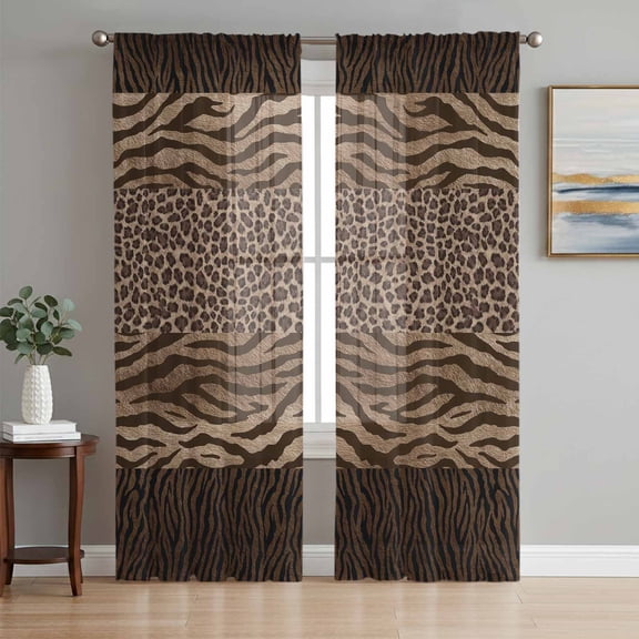 Leopard Zebra Print Sheer Curtains 108 Inch Length 2 Panels Set for Living Room/Bedroom, Vintage Animal Skin Striped Brown Semi Curtain Sheers Drapes Rod Pocket Curtains Window Treatment 52''x108''x2