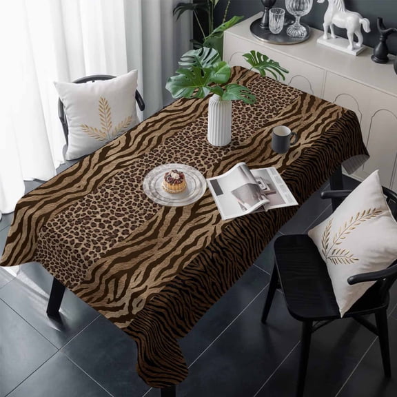 Leopard Zebra Print Table Cloth Waterproof Tablecloths, Vintage Animal Skin Striped Brown Tablecloth Dining Table Cover for Kitchen Party Tabletop Outdoor, Rectangle Tablecloth 60x120 Inch