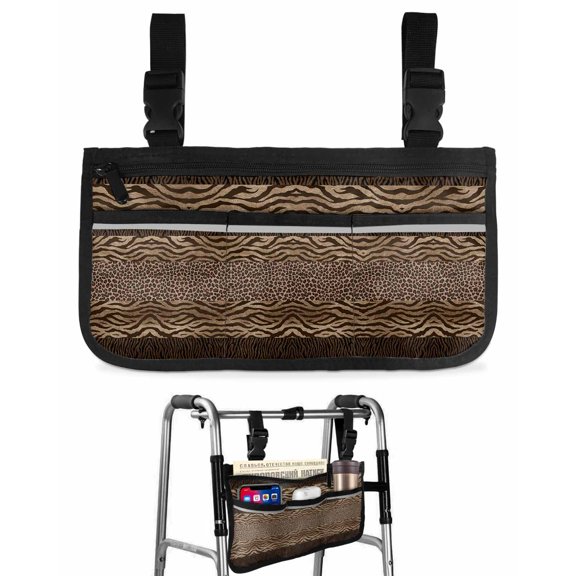 Leopard Zebra Print Wheelchair Bag with Cup Holder Walker Bag with Reflective Stripes for Seniors Wheel Chair Accessories for Adults Vintage Animal Skin Striped Brown Wheelchair Side Bags
