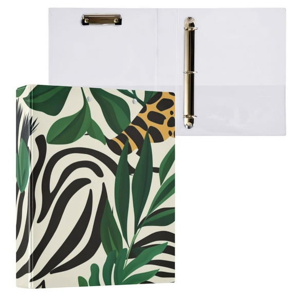 Leopard Zebra Stripes Leaves 3 Ring Binders 1.5 inch Hardcover File Folders with Interior Pockets A4 Size Organizer for School Office Hospital