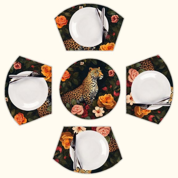 Leopard amongst vibrant flowers Round Table Placemats Set Of 5 Wedge Table Mats Washable Heat Resistant Place Mat For Dining Table Kitchen Farmhouse Restaurant