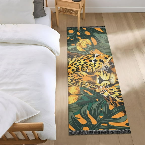 Leopard and Flower Runner Area Rug 2x6 Soft Non-Slip Washable Bedside Carpet for Hallway Bedroom Living Room Home Decor