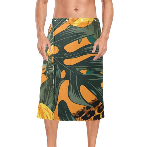 Leopard and Flowers Leaves Bath Towel Wrap for Man Adjustable Shower Wrap Button Closure Body Towel for Sauna Gym
