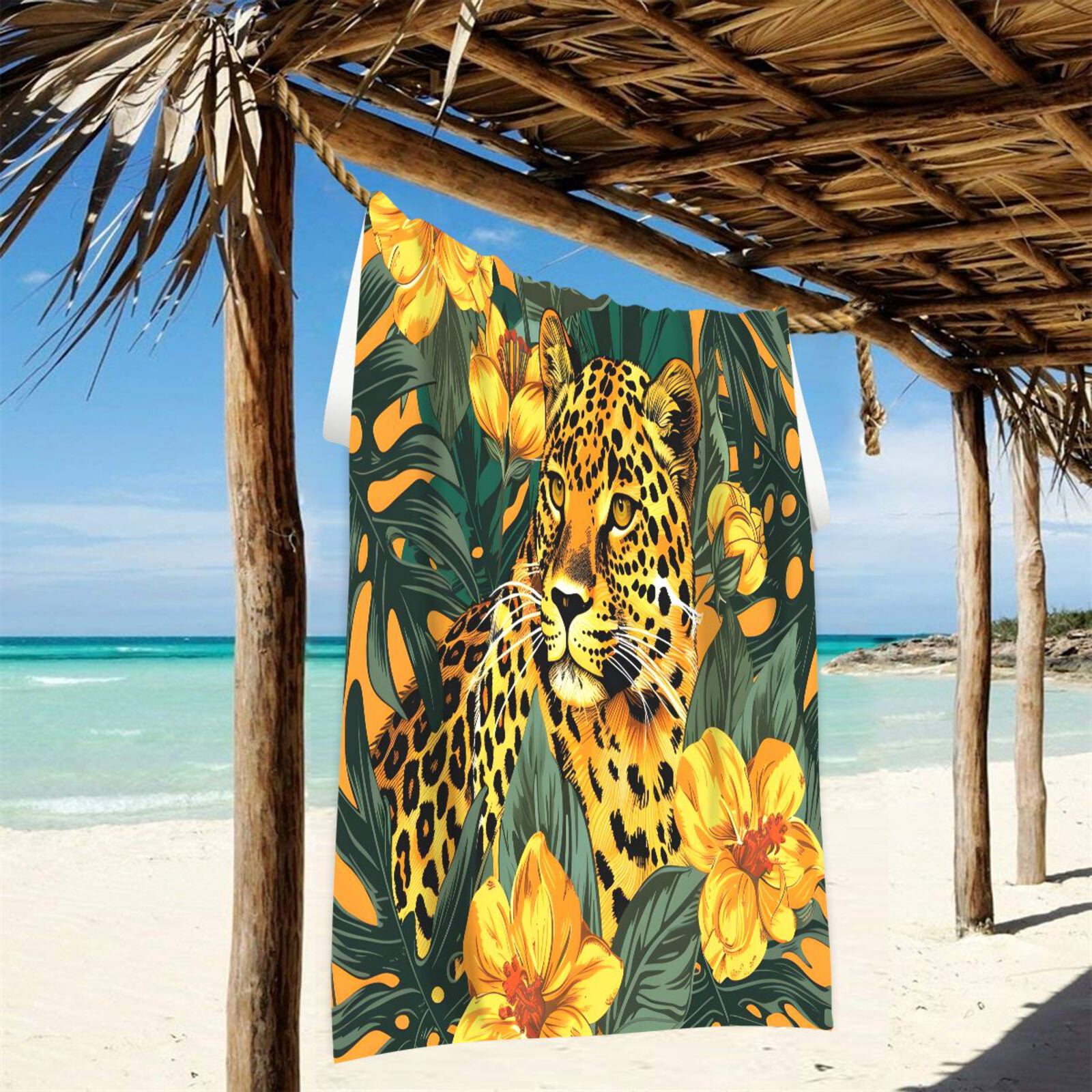 Leopard and Flowers Leaves Beach Towel Oversized Sandproof Absorbent Quick Dry Towels Adult for Travel Vacation Essentials