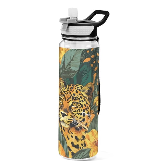 Leopard and Flowers Leaves Sports Water Bottle Portable Travel Mug 32oz BPA Free Leak Proof Straw Transparent Tritan for Gym Yoga Cycling Camping
