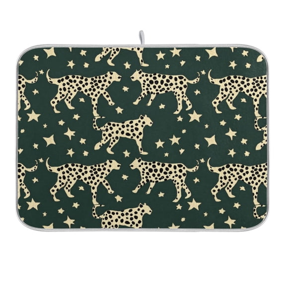 Leopard and Stars Dish Drying Mat 16x18 Absorbent Microfiber Draining Rack Pad for Kitchen Counter Sink