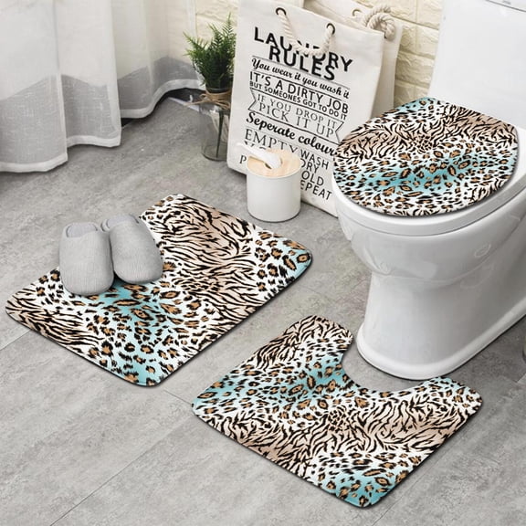 Leopard and Tiger Pattern Bathroom Rugs Sets 3 Piece,Toilet Cover Set,Absorbent Non Slip Bathroom Mats Sets with U-Shaped Contour Rug Toilet Rug Set