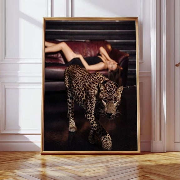Leopard and Woman Art Print Poster, Dark Luxury Wall Art, Fashion Editorial Poster, Modern Glam Decor LI-T10-349, Size 8x12 UNFFRAMED F03.1.6l1275