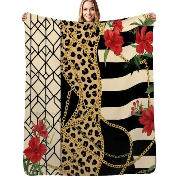 Leopard chains flowers geometric chic Flannel Blankets Soft Warm Throw Blanket Autumn Camping Bedroom Aesthetic Bedspread