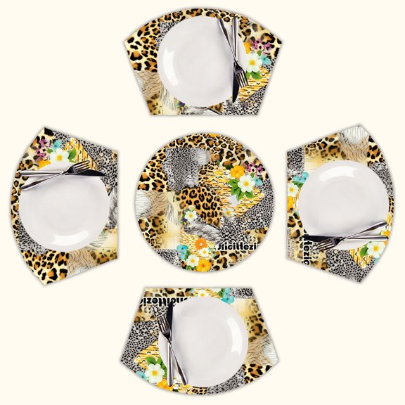 Leopard floral textile collage Round Table Placemats Set Of 5 Wedge Table Mats Washable Heat Resistant Place Mat For Dining Table Kitchen Farmhouse Restaurant