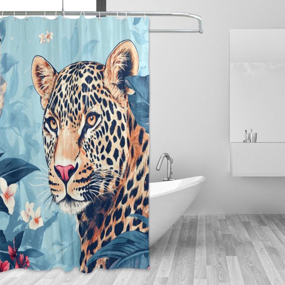 Leopard in Flower Shrubs Shower Curtains with 12 Hooks Waterproof Bathroom Decor 66" x 72"