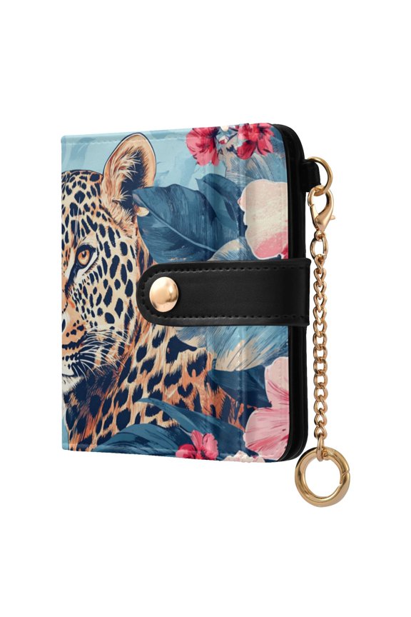 Leopard in Flower Shrubs Women's Wallet PU Leather Card Cases RFID Blocking Purse Billfold with Key Ring