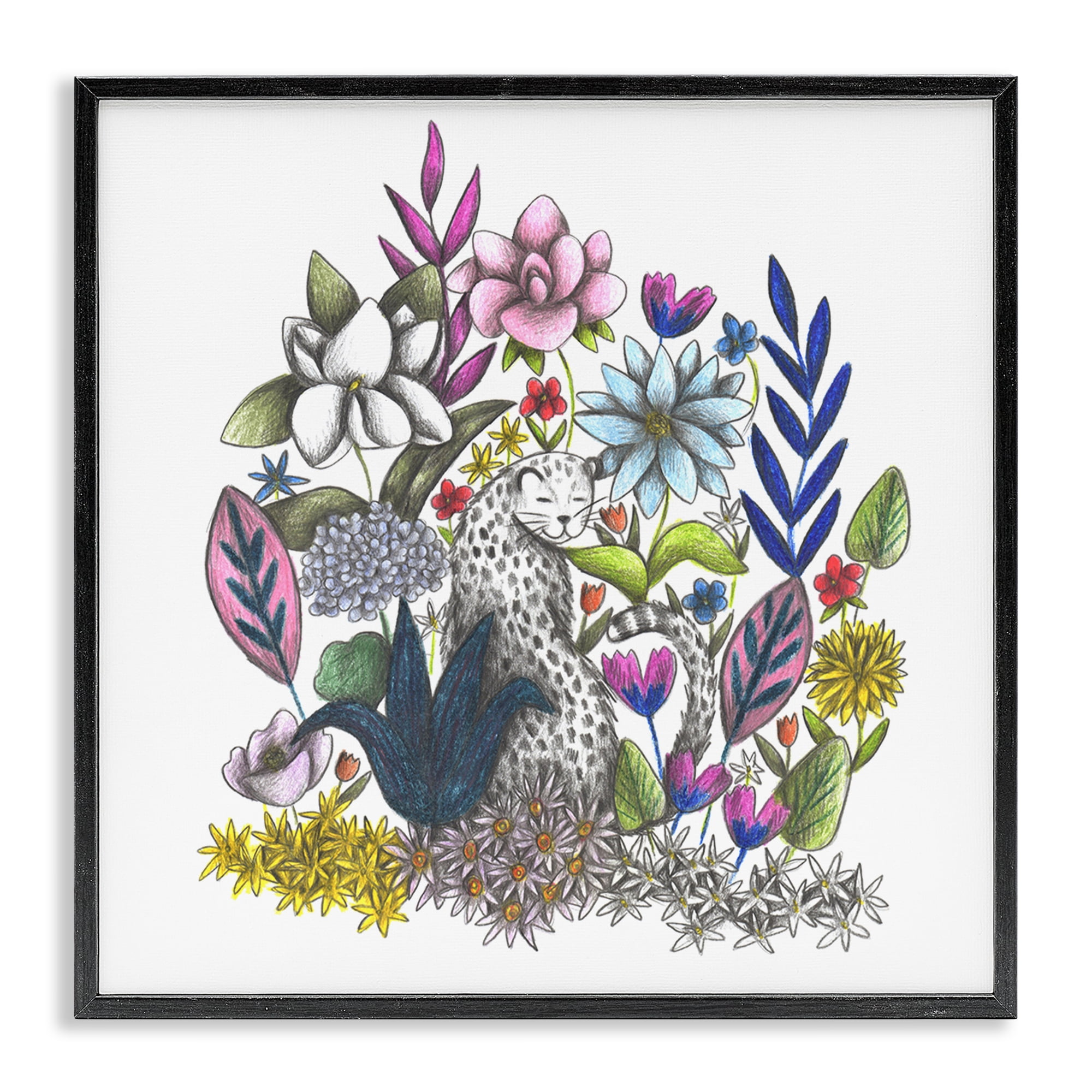 Leopard in Midst of Flowers Black Framed Giclee Art, design by Cecilia Battaini