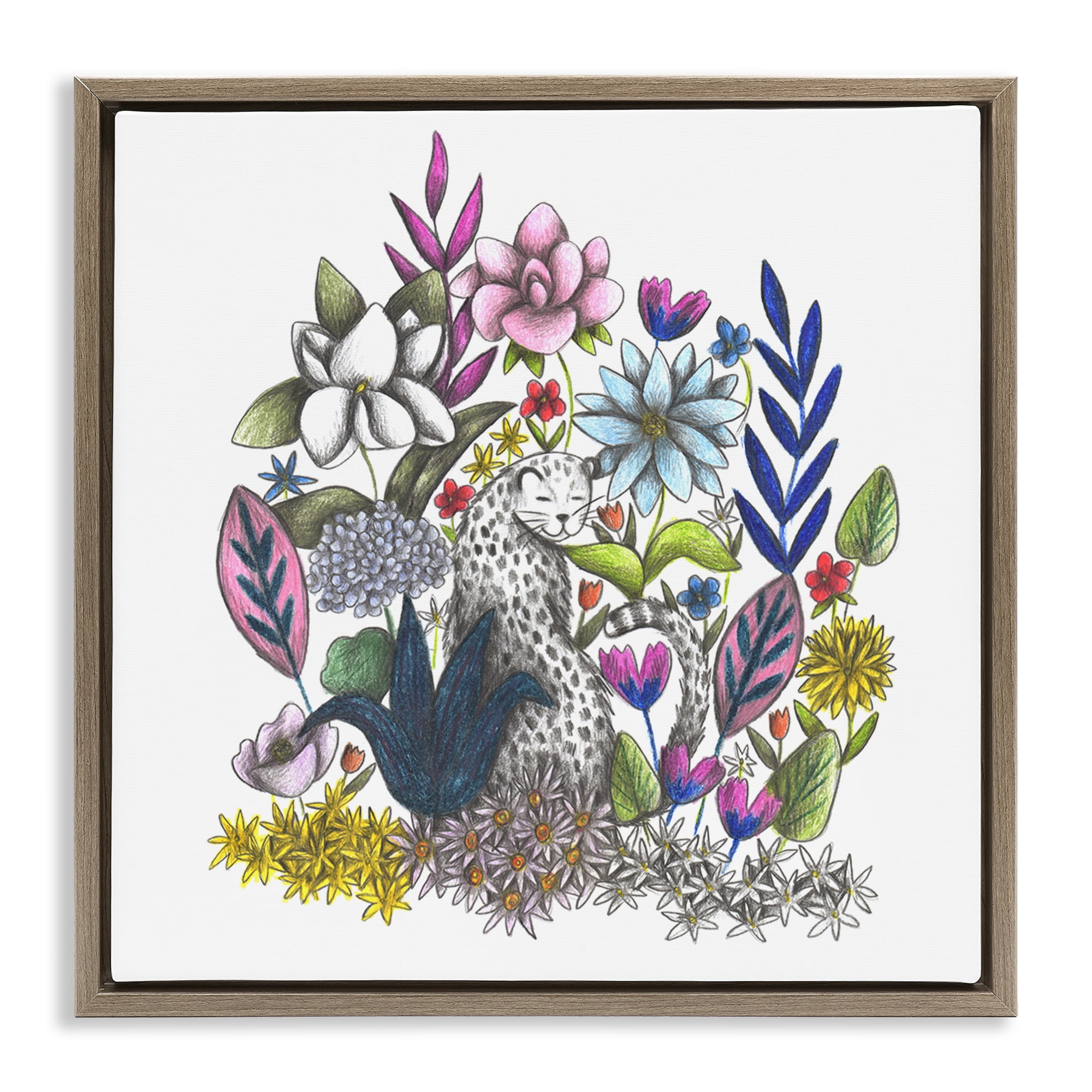 Leopard in Midst of Flowers Brown Framed Floater Canvas Wall Art, design by Cecilia Battaini