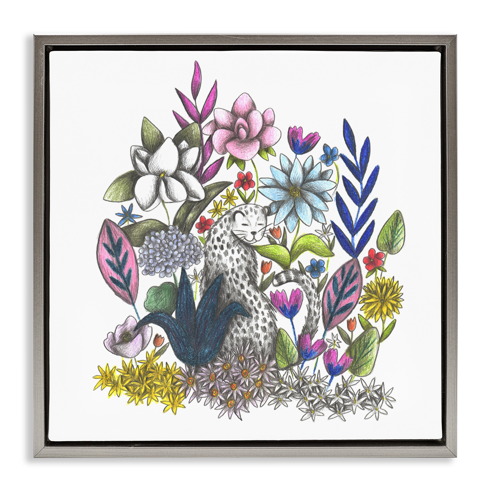 Leopard in Midst of Flowers Gray Framed Floater Canvas Wall Art, design by Cecilia Battaini