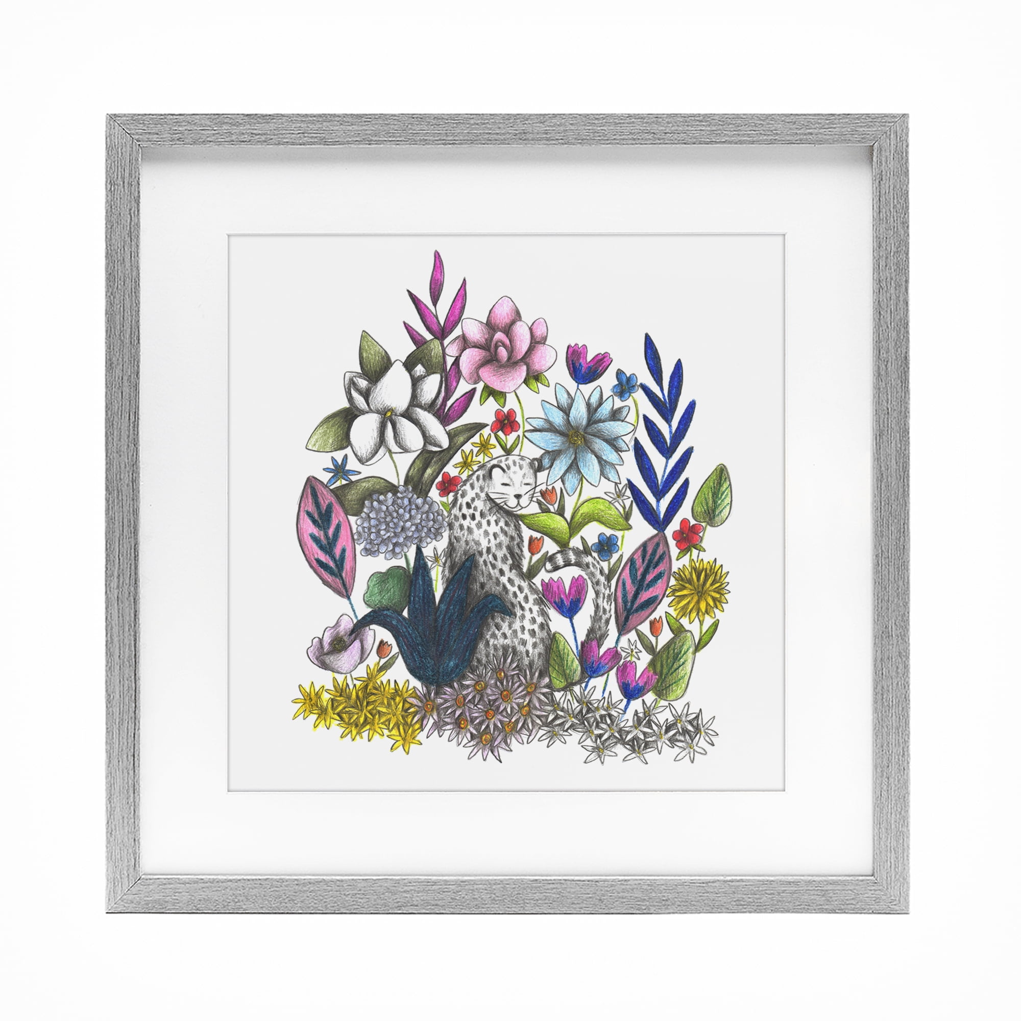 Leopard in Midst of Flowers Gray Framed Print Under Glass, design by Cecilia Battaini