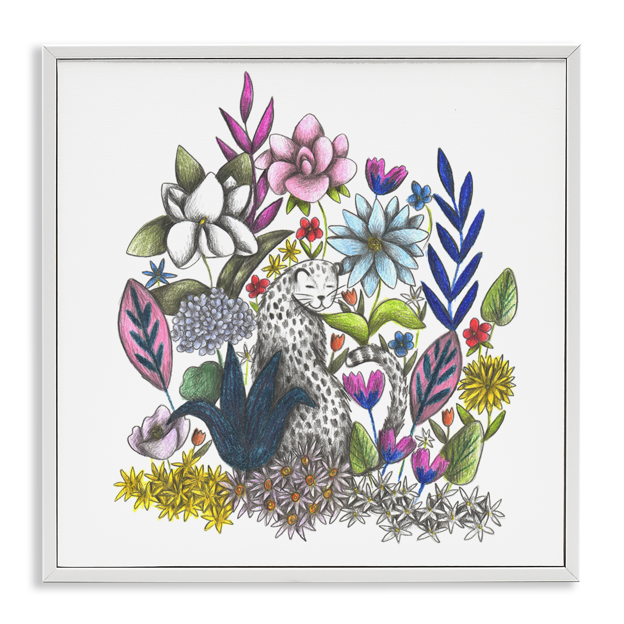 Leopard in Midst of Flowers White Framed Giclee Art, design by Cecilia Battaini